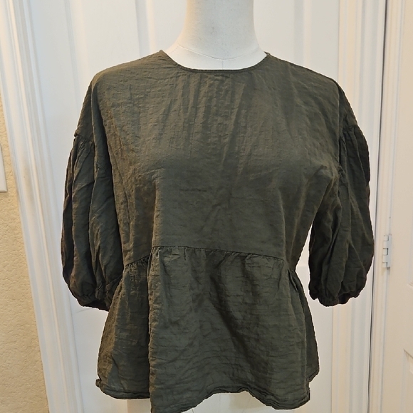 A New Day Top Cotton Olive Tiered 3/4 Puff Sleeve Blouse Size XS - Picture 3 of 8
